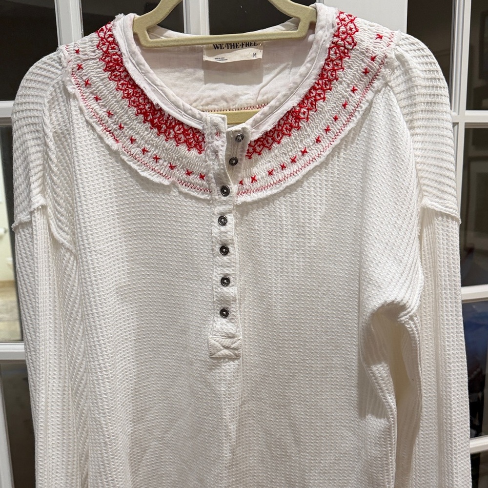 We The Free White Button Down with Red Embroidery